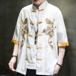 Buddha Stones Frog-Button Chinese Dragon Embroidery Half Sleeve Shirt Linen Men Clothing Men's Shirts BS 18