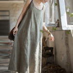 Buddha Stones Summer Spaghetti Strap Handmade Tie Dye Linen Midi Cami Dress Midi Dress BS Linen F(Fit for US4-8/10; UK/AU8-12/14; EU36-40/42)