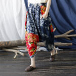 Buddha Stones Blue Red Peony Flowers Patchwork Cotton Linen Harem Pants With Pockets Women's Harem Pants BS 12