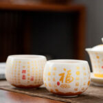 Buddha Stones Buddhist Heart Sutra Small Fu Character Ceramic Gaiwan Teacup Kung Fu Tea Cup And Saucer With Lid Cup BS 7