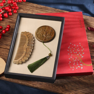 Buddha Stones Natural Green Sandalwood Rosewood Lotus Flower Peacock Butterfly Engraved Soothing Comb Comb BS Green Sandalwood Peacock+Peony Round Mirror