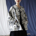 Buddha Stones Black Gray Print Frog-button Design Long Sleeve Cotton Linen Jacket Shirt With Pockets Women's Shirts BS 22