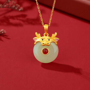 Buddha Stones 925 Sterling Silver Hetian Jade Chinese Zodiac Year of the Dragon Red Agate Luck Protection Necklace Pendant (Extra 30% Off | USE CODE: FS30) Necklaces & Pendants BS Dragon