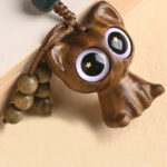 Buddha Stones Green Sandalwood Lucky Cat Koi Fish Cure Key Chain Phone Hanging Decoration Key Chain BS 18