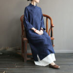 Buddha Stones Flower Jacquard Midi Dress Long Sleeve Cotton Linen Dress Wide Leg Pants With Pockets 7