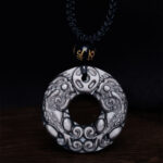 Buddha Stones Natural Silver Sheen Obsidian Double PiXiu Copper Coin Peace Buckle Protection Necklace Pendant Necklaces & Pendants BS 5