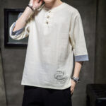 Buddha Stones Frog-Button Dragon Embroidery Chinese Tang Suit Three Quarter Sleeve Shirt Cotton Linen Men Clothing Men's Shirts BS 10