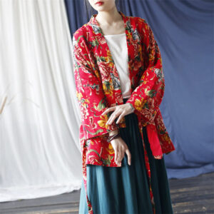 Buddha Stones Ethnic Style Northeast Red Flower Peony Print Cotton Linen Lace Up Jacket 1
