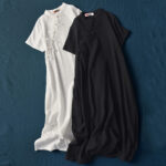 Buddha Stones Frog-Button Midi Dress Cotton Linen Short Sleeve Dress With Pockets Midi Dress BS 27