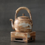 Buddha Stones Retro Brown Chinese Gongfu Tea Ceramic Kung Fu Teapot 700ml With Base Teapot BS Brown Beige 15.7cm*17.0cm*700ml