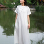 Buddha Stones Frog-Button Midi Dress Cotton Linen Short Sleeve Dress With Pockets Midi Dress BS 10