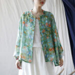 Buddha Stones Pink Flowers Green Leaves Print Frog-button Design Long Sleeve Ramie Linen Jacket Shirt Women's Shirts BS Green(Bust 174cm/Shoulder 99cm/Length 60cm)(Jacket Only)