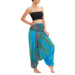 Buddha Stones Two Style Wear Peacock Feather Loose Smocked Harem Trousers Jumpsuit High Waist Pants Harem Pants BS Light Blue(Waist 60-100cm/Length 105cm)