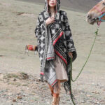 Buddha Stones Tibetan Shawl Triangle Pattern Hooded Cloak Winter Cozy Travel Scarf Wrap Tibetan Shawl BS 4