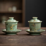 Buddha Stones Green Porcelain Butterfly Flower Salmon Fish Ceramic Gaiwan Sancai Teacup Kung Fu Tea Cup And Saucer With Lid Cup BS main