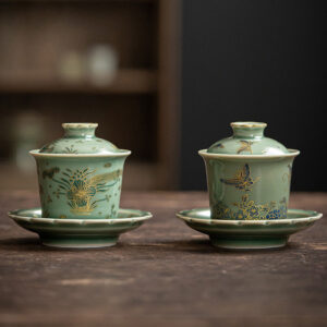 Buddha Stones Green Porcelain Butterfly Flower Salmon Fish Ceramic Gaiwan Sancai Teacup Kung Fu Tea Cup And Saucer With Lid Cup BS main