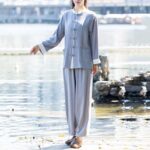 Buddha Stones 2Pcs Frog-Button Long Sleeve Shirt Top Pants Meditation Zen Tai Chi Cotton Linen Clothing Women's Set Women's Meditation Cloth BS Gray(Top&Pants) 2XL(Bust 110cm/Waist 72-112cm/Hips 132cm)