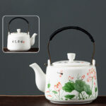 Buddha Stones Vintage Dragon Mountain Fisherman Landscape White Porcelain Ceramic Kung Fu Teapot Teapot BS Lotus Flower Leaf 15.3cm*10.6cm*600ml