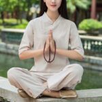 Buddha Stones 2Pcs Half Sleeve V-Neck Shirt Top Pants Meditation Zen Tai Chi Linen Clothing Women's Set Women's Meditation Cloth BS Khaki(Top&Pants) 2XL(Bust 108cm/Waist 72-106cm/Pants Length 100cm)