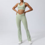 Buddha Stones 2Pcs Workout Sleeveless Backless Top Shorts Flared Pants Sports Fitness Yoga Outfit Set 2-Piece Outfit BS Green 2Pcs(Top&Pants) XL