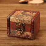 Buddha Stones Retro Small Square Wood Jewelry Box Lotus Grass Flower Grape Copper Coin Daffodil Jewelry Storage Box Jewelry Box BS Map 8* 6.5*6cm