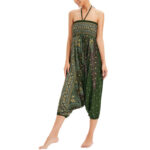 Buddha Stones Two Style Wear Peacock Feather Loose Smocked Harem Trousers Jumpsuit High Waist Pants Harem Pants BS 17