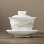 Buddha Stones Vintage Ink Painting Mountain White Porcelain Ceramic Gaiwan Sancai Teacup Kung Fu Tea Cup And Saucer With Lid Tea Utensil Teapot Cup BS Cup 10.3cm*8.3cm*175ml