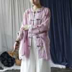 Buddha Stones Pink Flower Print Frog-button Design Batwing Long Sleeve Ramie Linen Jacket Shirt Women's Shirts BS 26