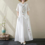 Buddha Stones 2Pcs Flower Embroidery Short Sleeve Tee T-shirt Wide Leg Pants Set 2-Piece Outfit BS White(Top&Pants) XL(Fit for US12; UK/AU16; EU44)