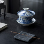 Buddha Stones Blue And White Porcelain Lotus Koi Fish Lion Dance Watermelon Ceramic Gaiwan Sancai Teacup Kung Fu Tea Cup And Saucer With Lid 300ml Cup BS 8
