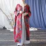 Buddha Stones Red Blue Flowers Print Cotton Three Quarter Sleeve Open Front Jacket Coat 9