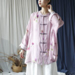 Buddha Stones Pink Flower Print Frog-button Design Batwing Long Sleeve Ramie Linen Jacket Shirt Women's Shirts BS 20