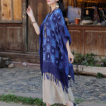 Buddha Stones Blue Color Block Plaid Shawl Tassels Soft Pullover 90*95cm 13