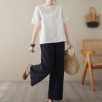 Buddha Stones Solid Color Frog-Button Short Sleeve Cotton Linen Shirt Women's Shirts BS 6