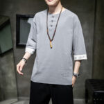Buddha Stones Frog-Button Dragon Embroidery Chinese Tang Suit Three Quarter Sleeve Shirt Cotton Linen Men Clothing Men's Shirts BS 18