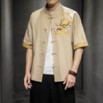 Buddha Stones Frog-Button Chinese Dragon Auspicious Cloud Embroidery Half Sleeve Shirt Cotton Linen Men Clothing Men's Shirts BS 27