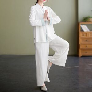 Buddha Stones 2Pcs Tang Suit Long Sleeve Shirt Top Pants Meditation Zen Tai Chi Cotton Linen Clothing Women's Set Women's Meditation Cloth BS Green(Top&Pants) 2XL(Bust 116cm/Waist 67cm/Pants Length 96cm)
