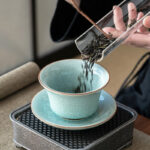Buddha Stones Retro Green Ice Glaze Ceramic Gaiwan Sancai Teacup Kung Fu Tea Cup And Saucer With Lid Cup BS 5