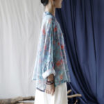 Buddha Stones Pink Flowers Green Leaves Print Frog-button Design Long Sleeve Ramie Linen Jacket Shirt Women's Shirts BS 3