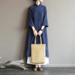 Buddha Stones Flower Jacquard Midi Dress Long Sleeve Cotton Linen Dress Wide Leg Pants With Pockets 4