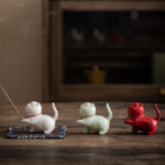 Buddha Stones Mini Lucky Cat Kitten Tea Pet Ceramic Home Desk Figurine Decoration With Bamboo Mat Decorations BS 17