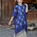 Buddha Stones Blue Color Block Plaid Shawl Tassels Soft Pullover 90*95cm 6