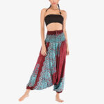 Buddha Stones Two Style Wear Round Geometric Pattern Loose Smocked Harem Trousers Jumpsuit High Waist Women's Yoga Pants Harem Pants&Bodysuit BS 3