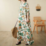 Buddha Stones Red Blue Green Flowers Midi Dress Cotton Half Sleeve Dress With Pockets Midi Dress BS Green(Dress Only) (Bust 158cm/Hem 158cm/Length 133cm)