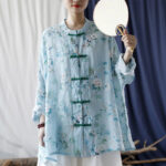 Buddha Stones Light Green Pink Flowers Green Leaves Frog-Button Long Sleeve Ramie Linen Jacket Shirt 35
