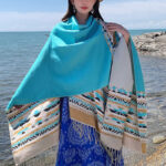 Buddha Stones Tibetan Shawl Colorful Geometry Winter Cozy Travel Scarf Wrap Tibetan Shawl BS Light Blue Beige 150*130cm