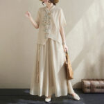 Buddha Stones 2Pcs Flower Embroidery Short Sleeve Tee T-shirt Wide Leg Pants Set 2-Piece Outfit BS 5