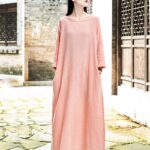 Buddha Stones Simple Midi Dress Cotton Linen Zen Tunic Dress With Pockets Midi Dress BS Pink(Bust 114cm/Length 120cm)(Dress Only)