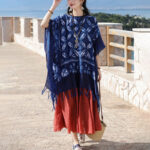 Buddha Stones Blue Flower Indigo Dyeing Shawl Tassels Cozy Pullover 90*95cm 7
