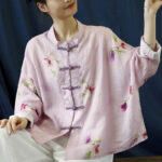 Buddha Stones Pink Flower Print Frog-button Design Batwing Long Sleeve Ramie Linen Jacket Shirt Women's Shirts BS 11